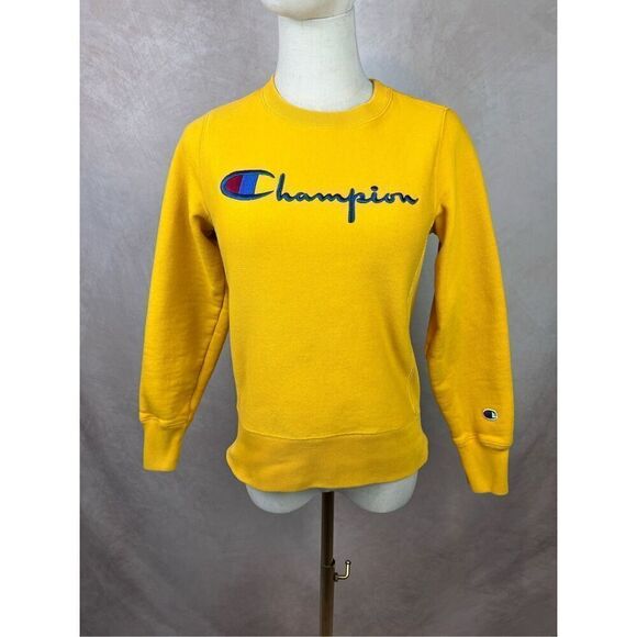 Vintage Style Champion Sweatshirt Womens XS Yellow Reverse Weave Warm Up Pullove - Picture 1 of 7